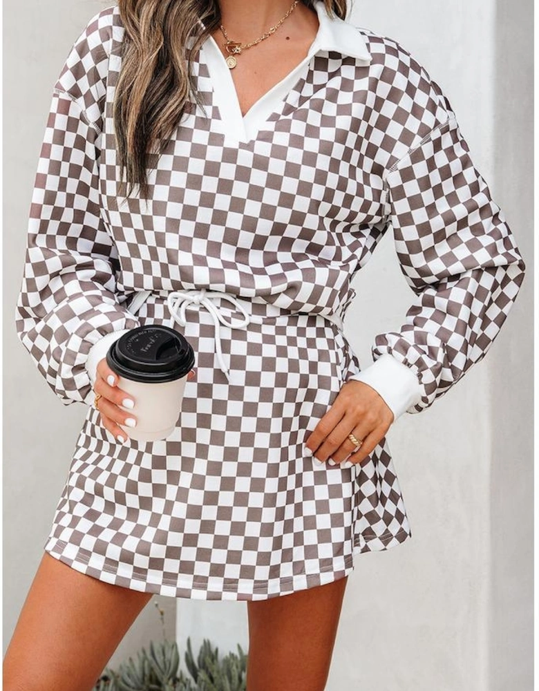Khaki Checkered Print Polo Collar Cropped Long Sleeve Top Drawstring Mini Skirt Set