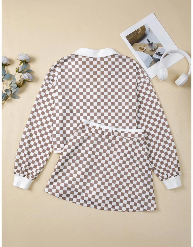 Khaki Checkered Print Polo Collar Cropped Long Sleeve Top Drawstring Mini Skirt Set