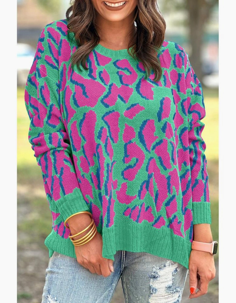 Green Abstract Print Ribbed Trim Baggy Sweater