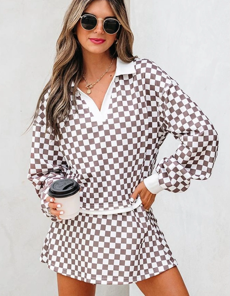 Khaki Checkered Print Polo Collar Cropped Long Sleeve Top Drawstring Mini Skirt Set