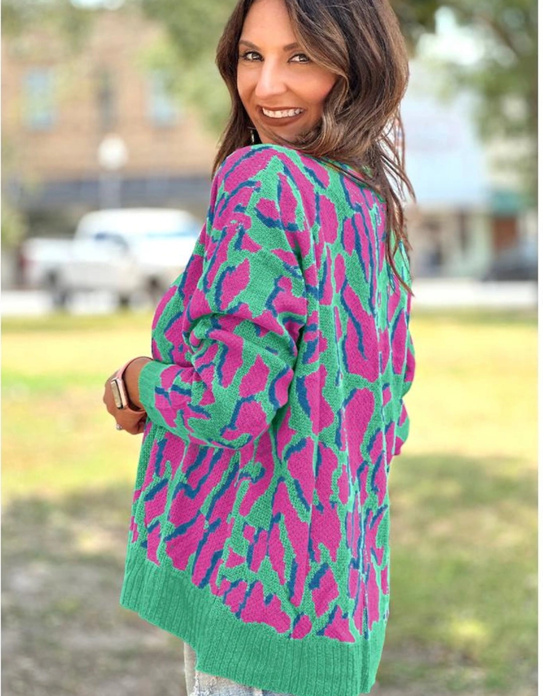 Green Abstract Print Ribbed Trim Baggy Sweater