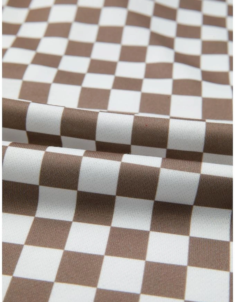 Khaki Checkered Print Polo Collar Cropped Long Sleeve Top Drawstring Mini Skirt Set