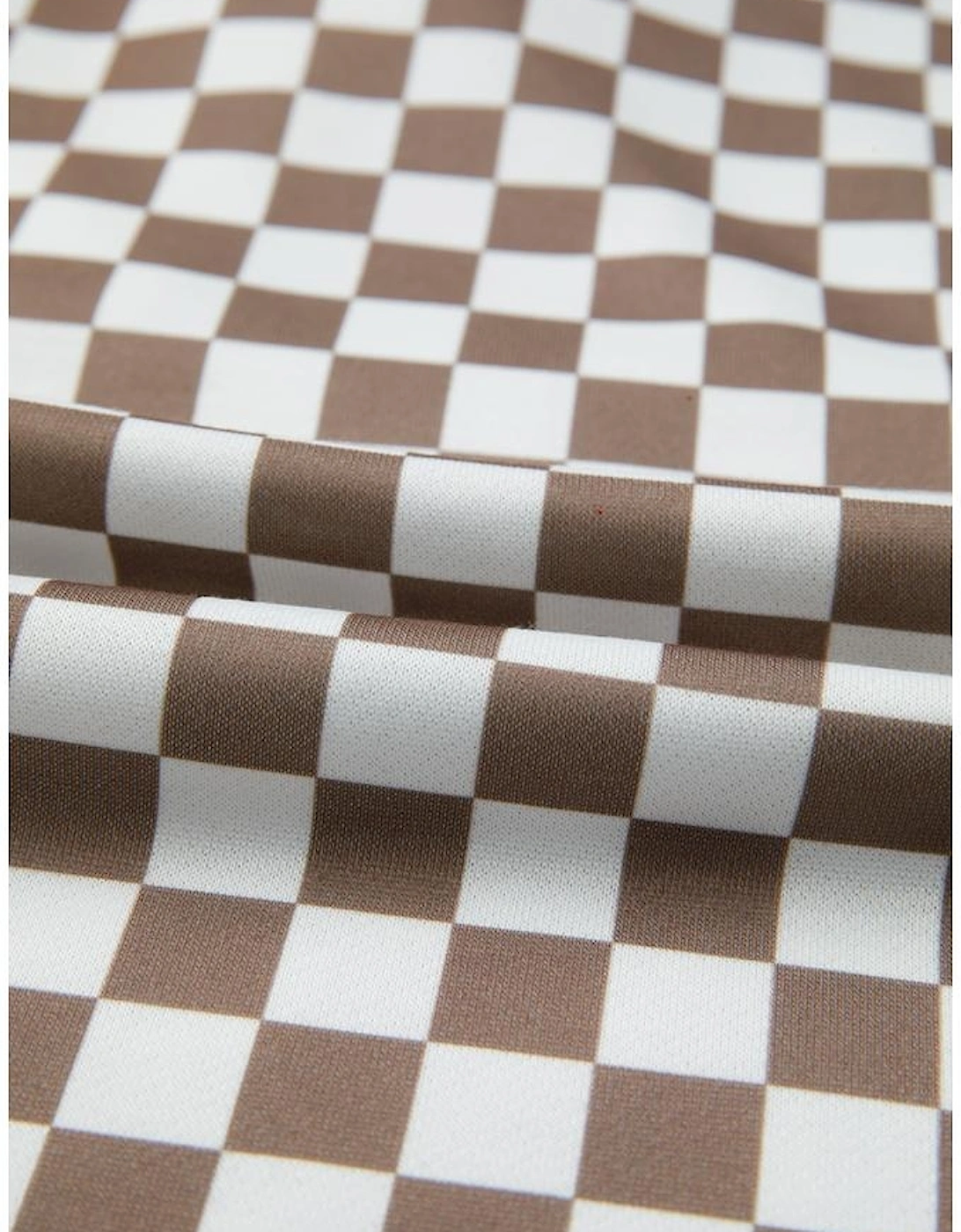 Khaki Checkered Print Polo Collar Cropped Long Sleeve Top Drawstring Mini Skirt Set