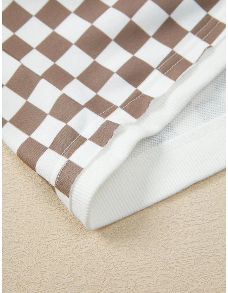 Khaki Checkered Print Polo Collar Cropped Long Sleeve Top Drawstring Mini Skirt Set