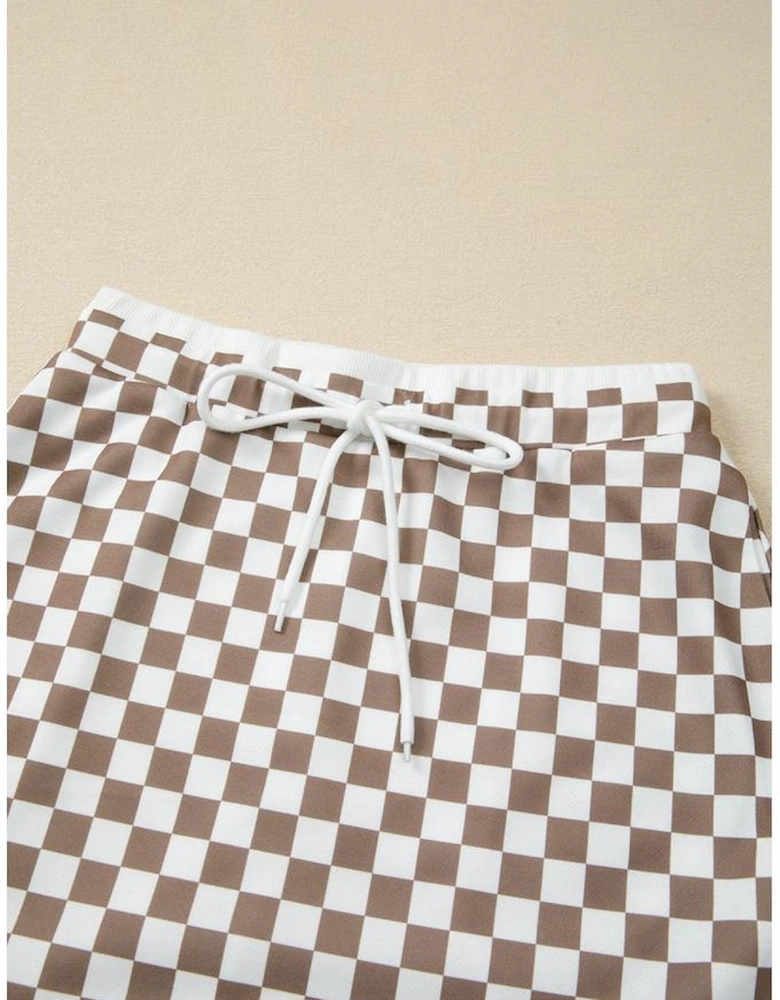 Khaki Checkered Print Polo Collar Cropped Long Sleeve Top Drawstring Mini Skirt Set