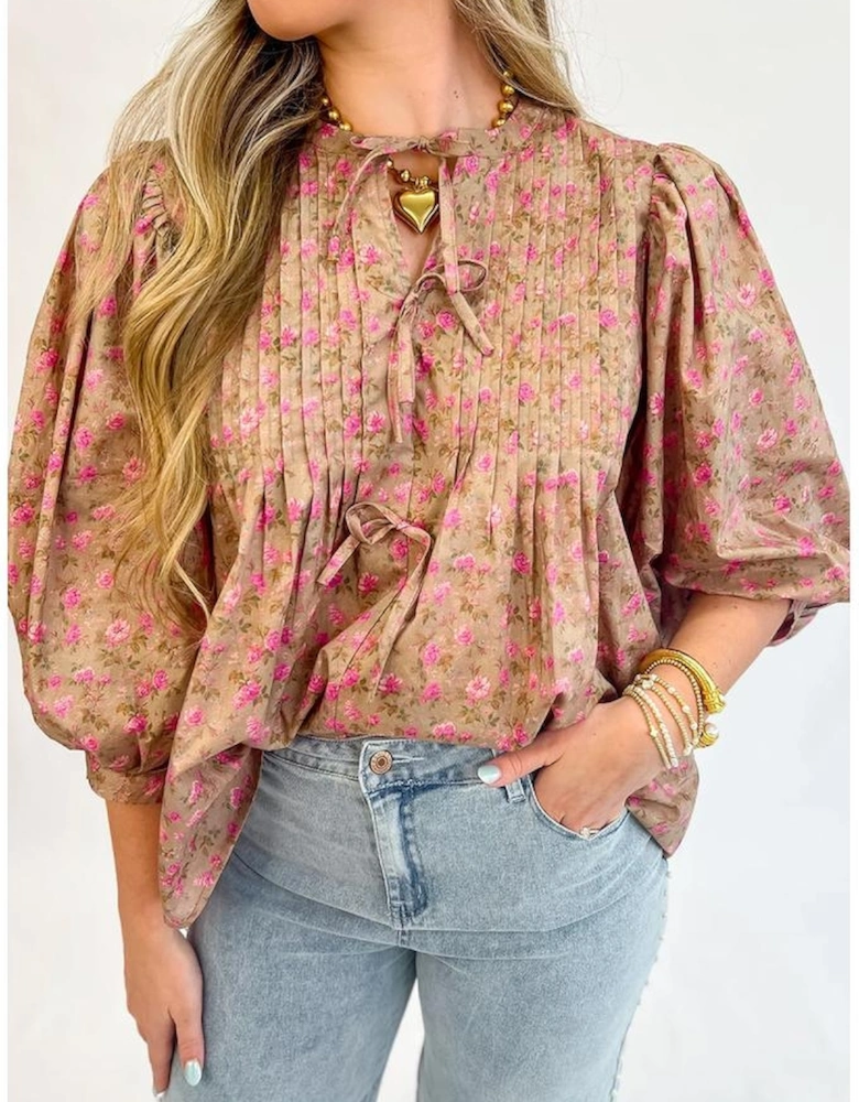 Light French Beige Floral Print Bow Pintuck Bust Half Puff Sleeve Blouse Top