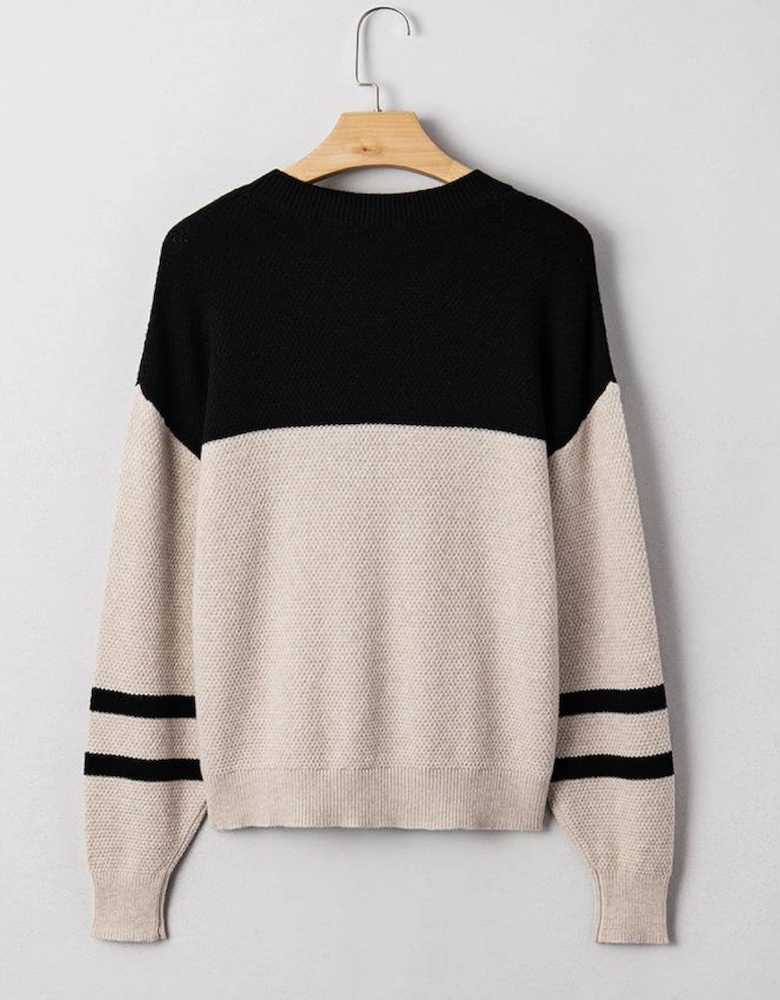 Parchment Color Block Knit Striped Sleeve Detail Casual Sweater