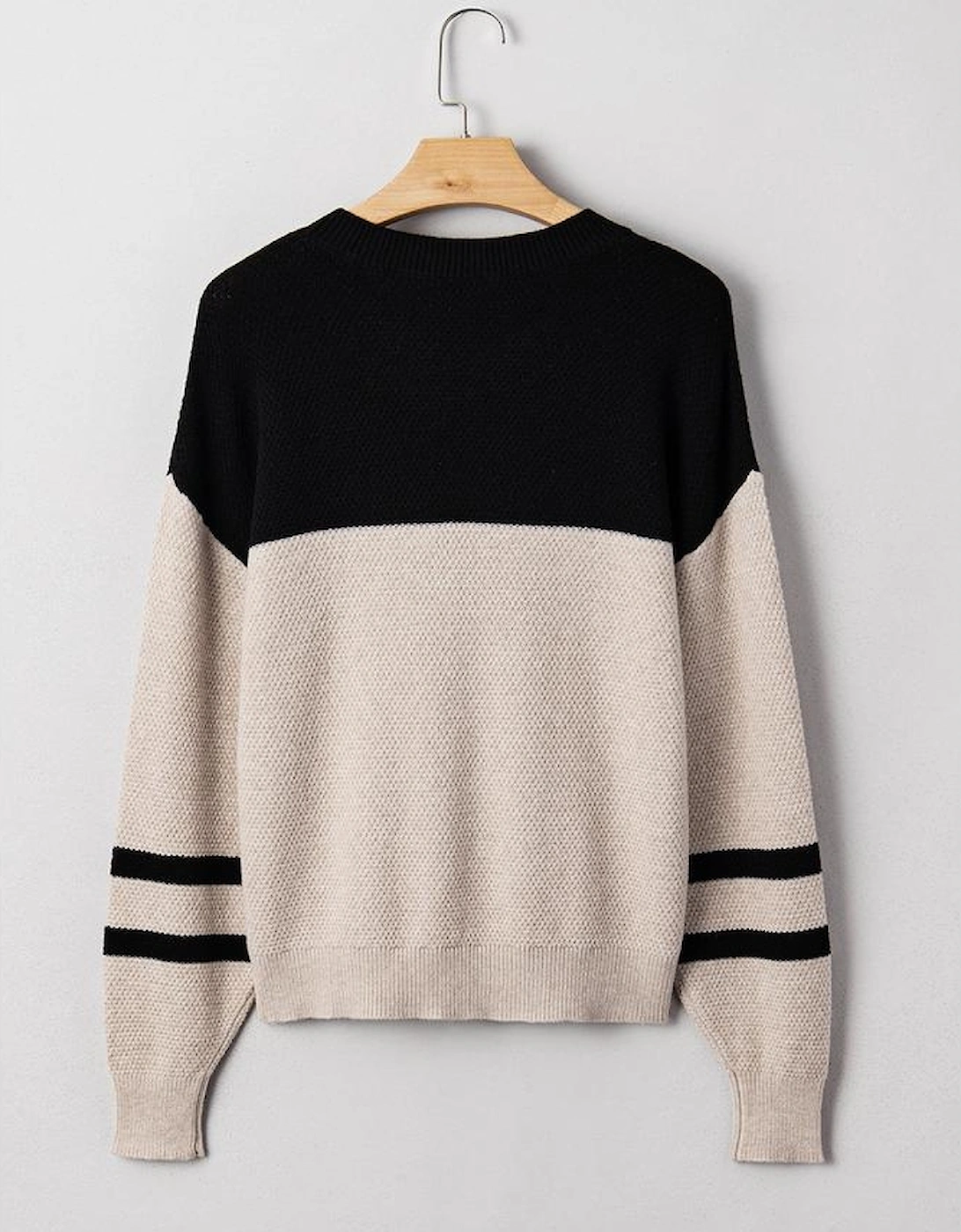 Parchment Color Block Knit Striped Sleeve Detail Casual Sweater