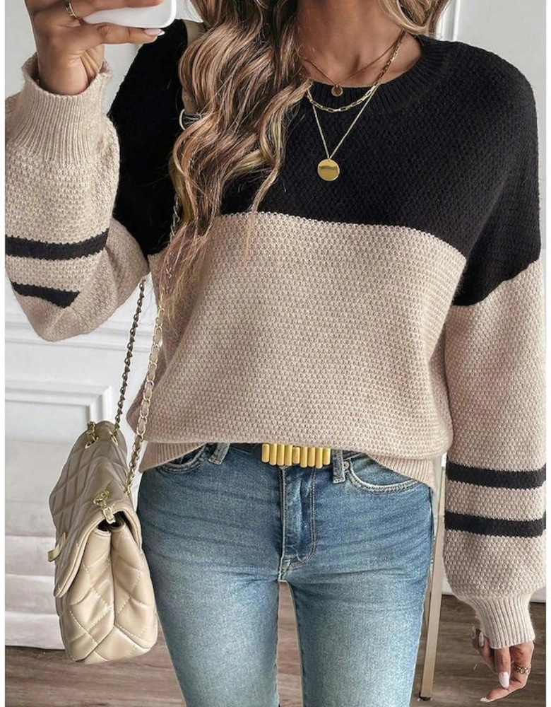 Parchment Color Block Knit Striped Sleeve Detail Casual Sweater