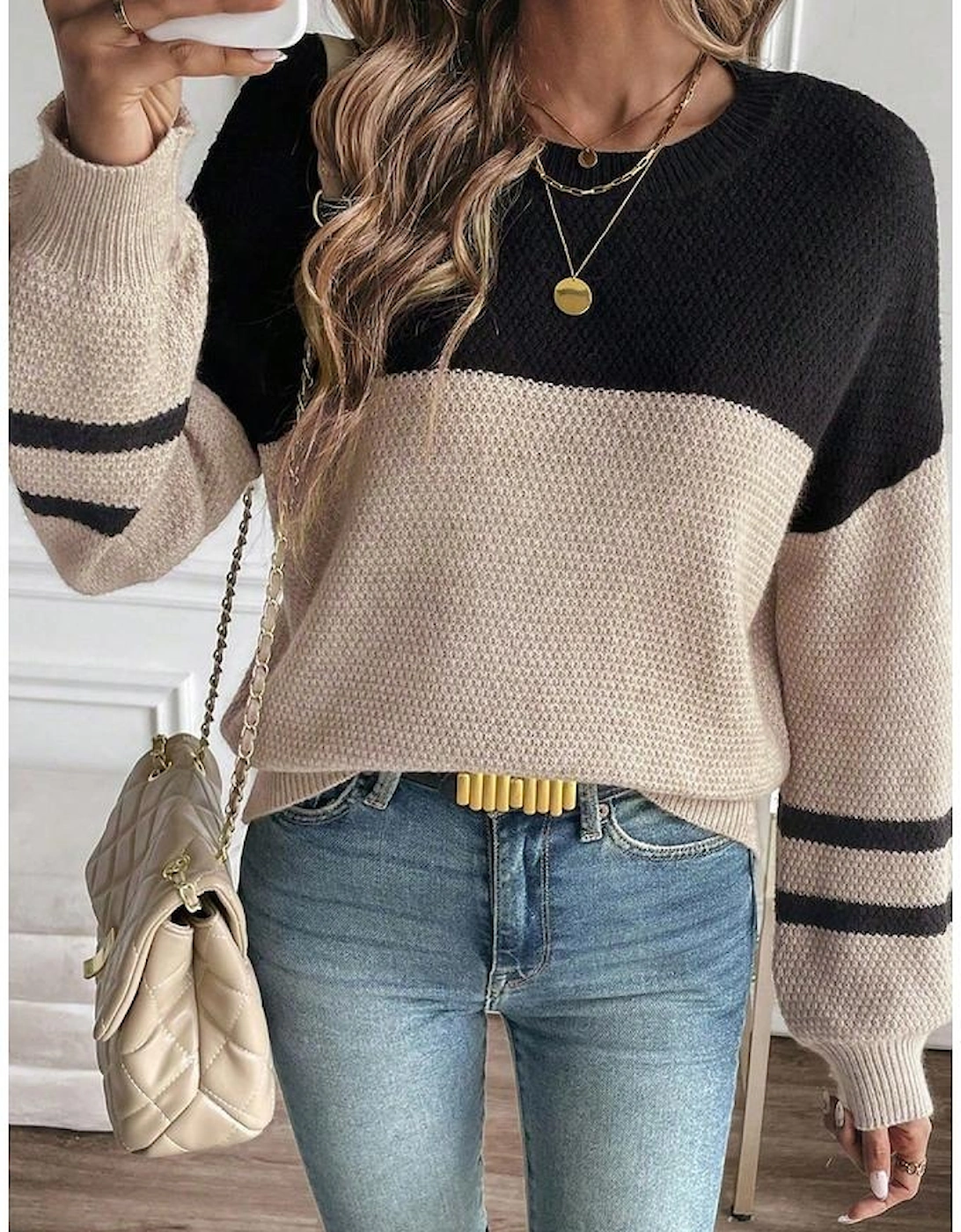 Parchment Color Block Knit Striped Sleeve Detail Casual Sweater