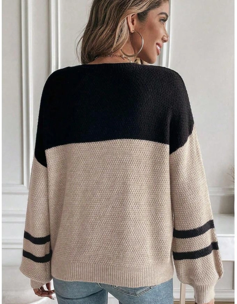 Parchment Color Block Knit Striped Sleeve Detail Casual Sweater