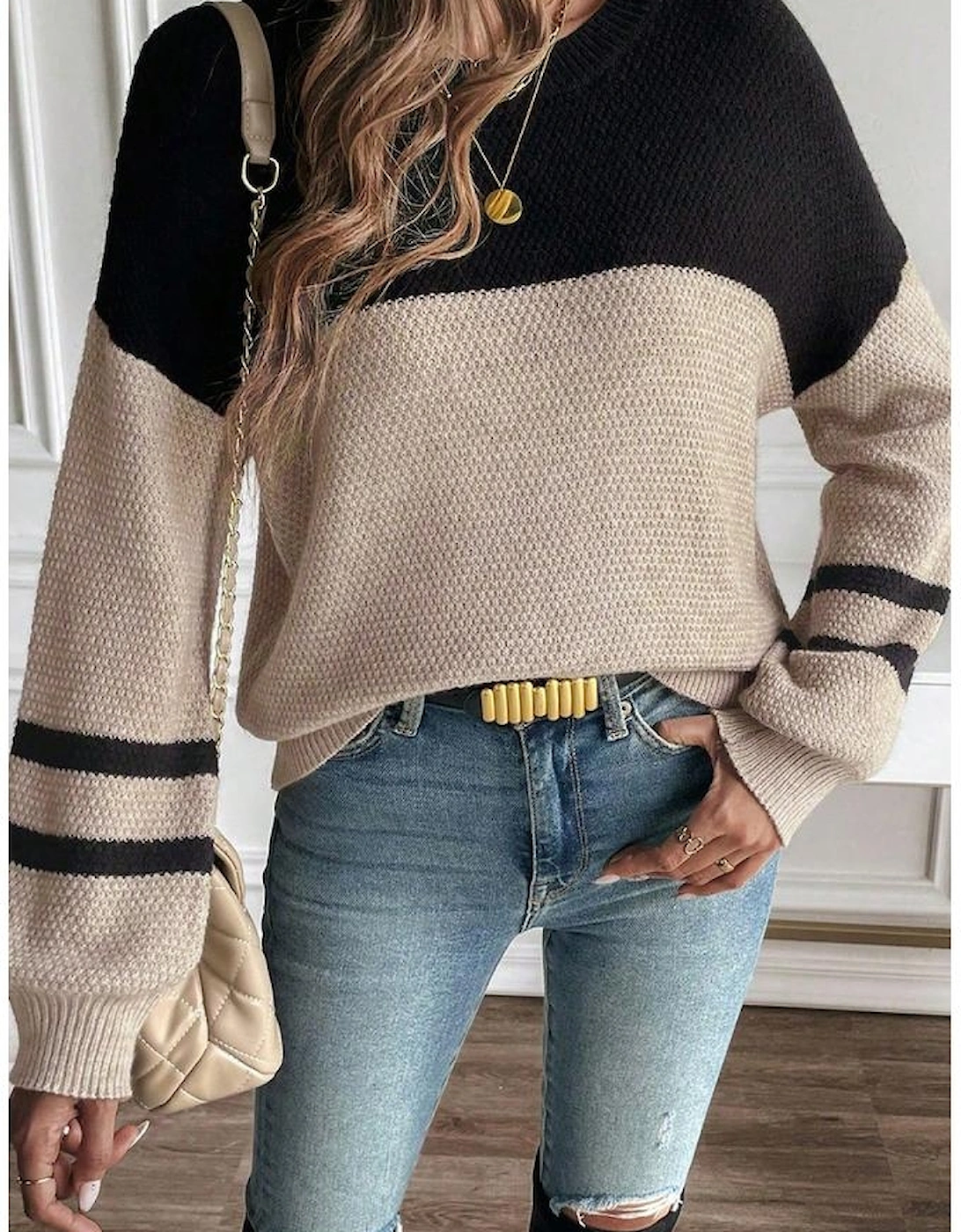 Parchment Color Block Knit Striped Sleeve Detail Casual Sweater
