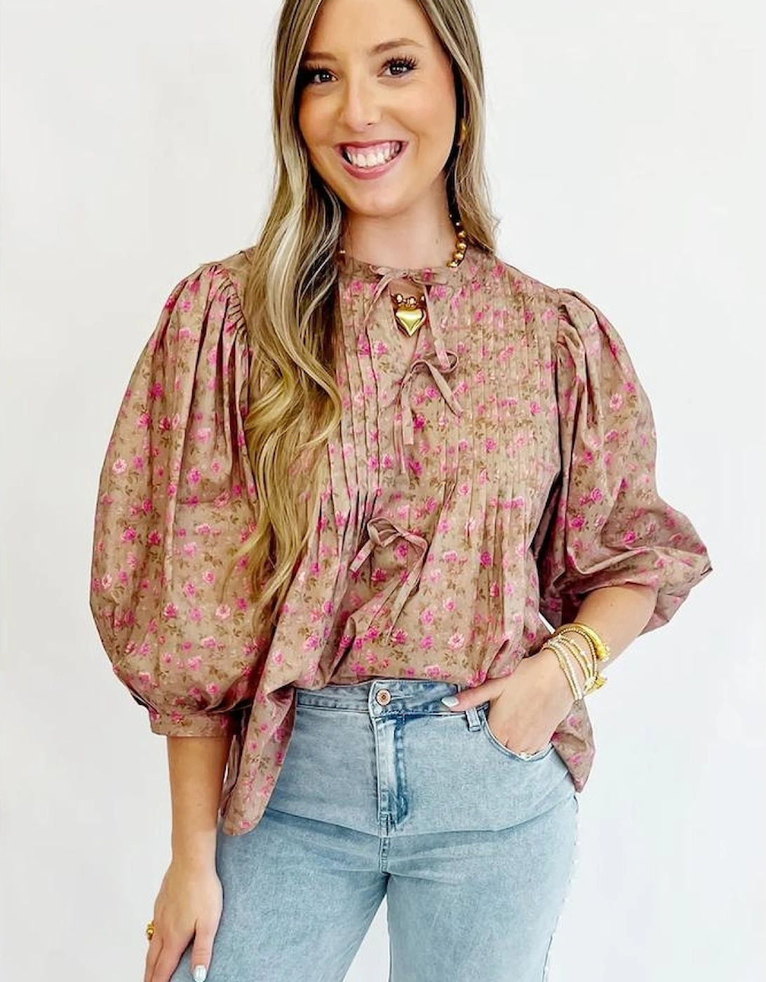 Light French Beige Floral Print Bow Pintuck Bust Half Puff Sleeve Blouse Top