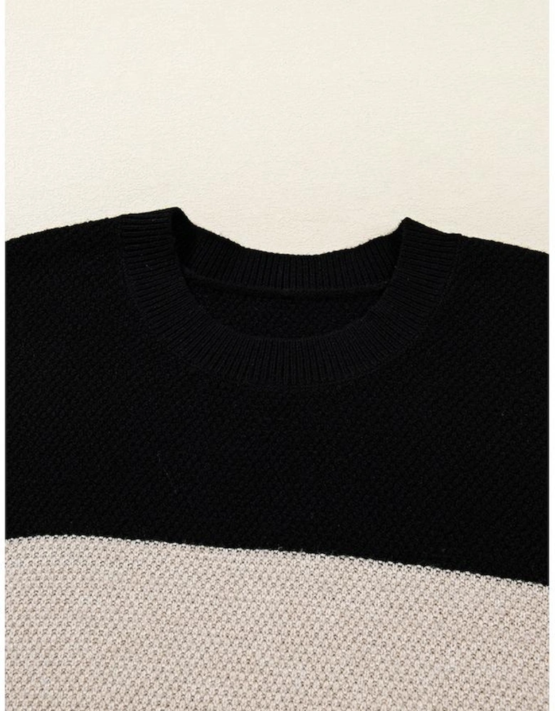Parchment Color Block Knit Striped Sleeve Detail Casual Sweater