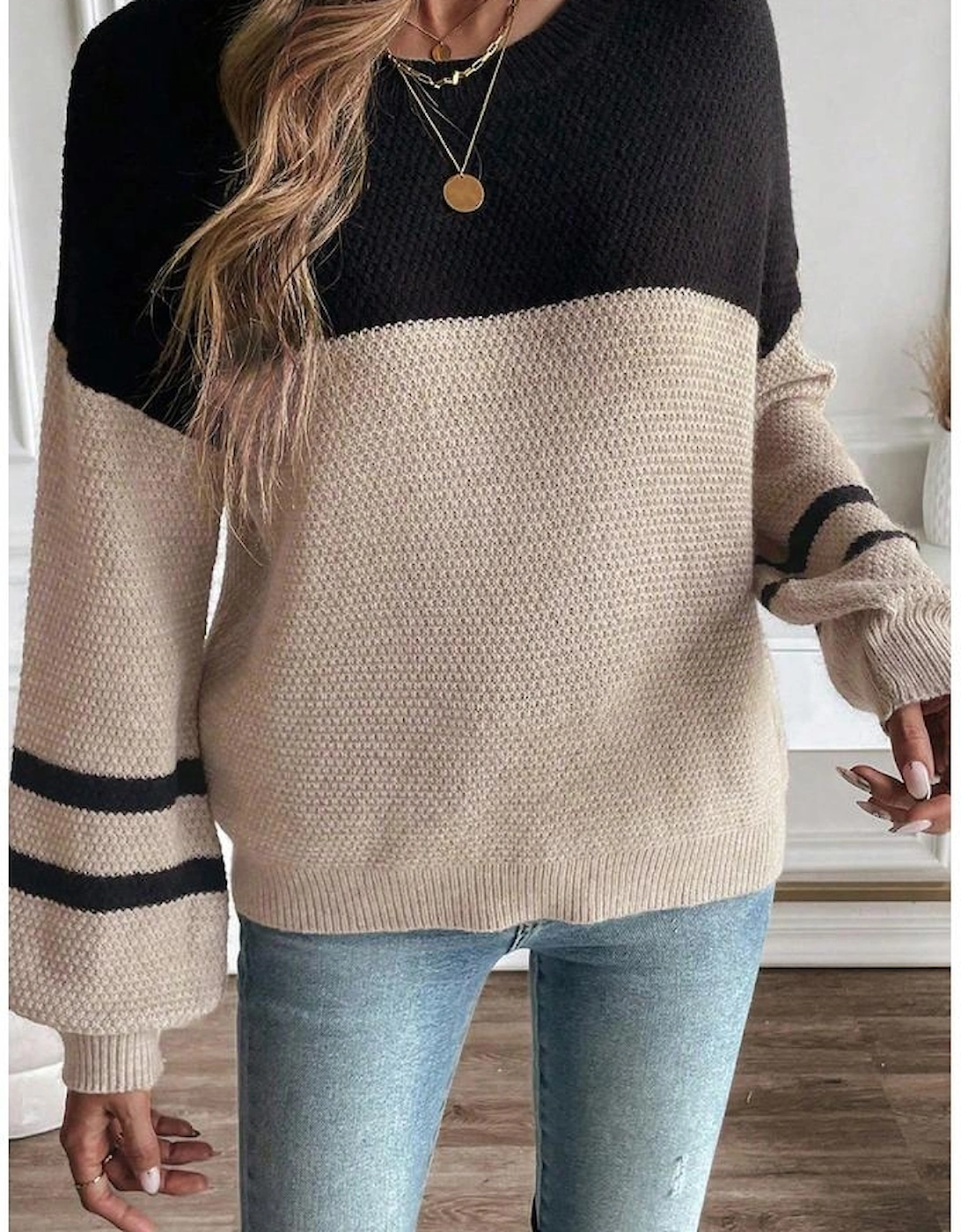 Parchment Color Block Knit Striped Sleeve Detail Casual Sweater