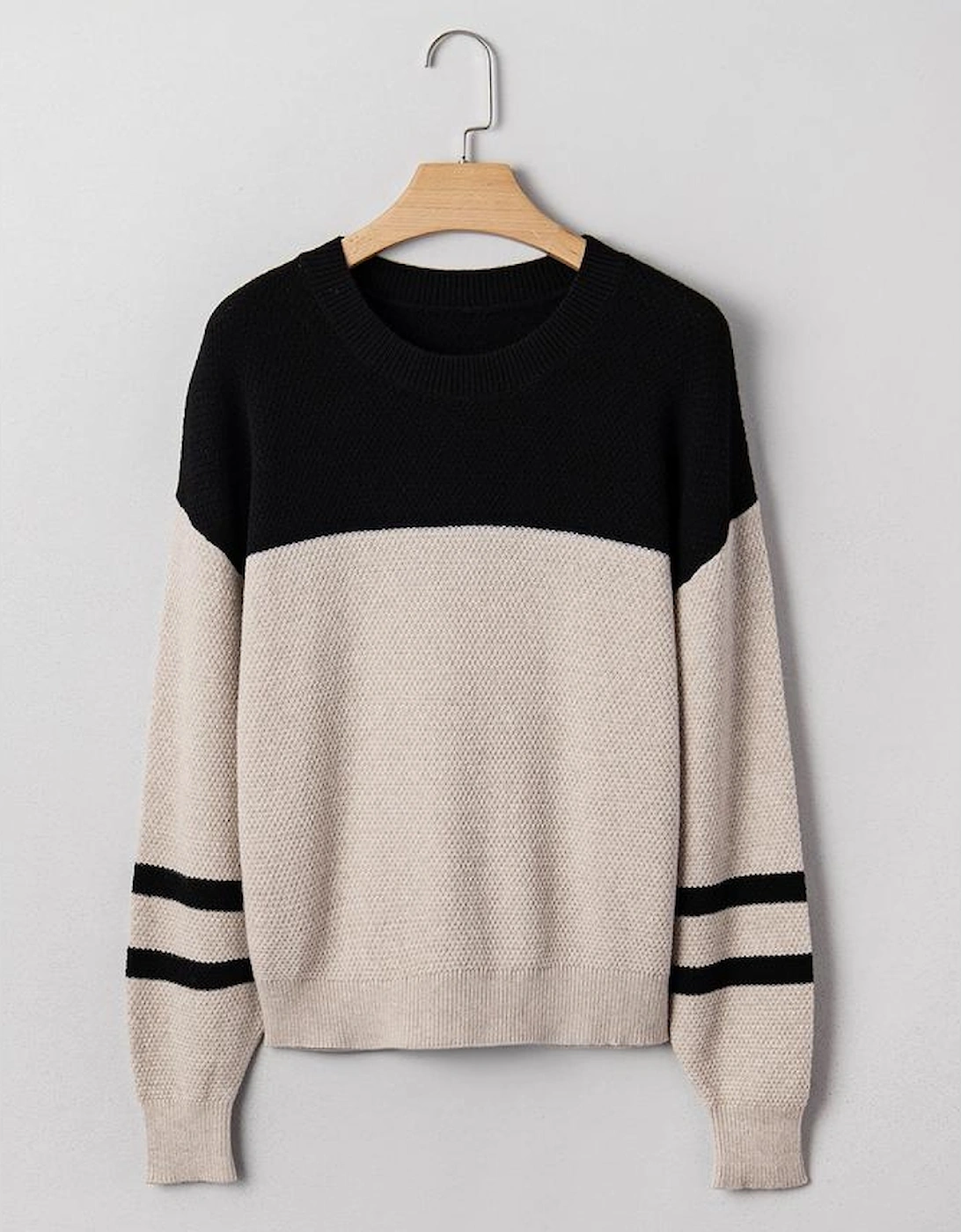 Parchment Color Block Knit Striped Sleeve Detail Casual Sweater