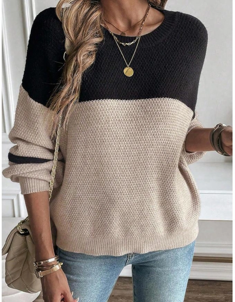 Parchment Color Block Knit Striped Sleeve Detail Casual Sweater