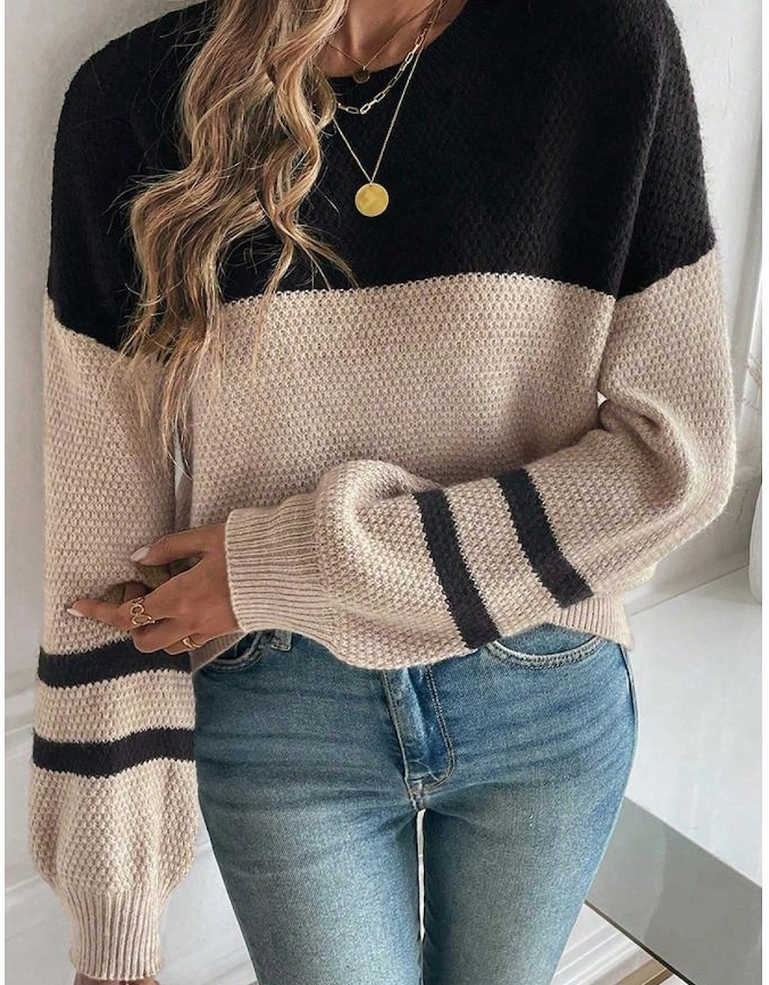 Parchment Color Block Knit Striped Sleeve Detail Casual Sweater