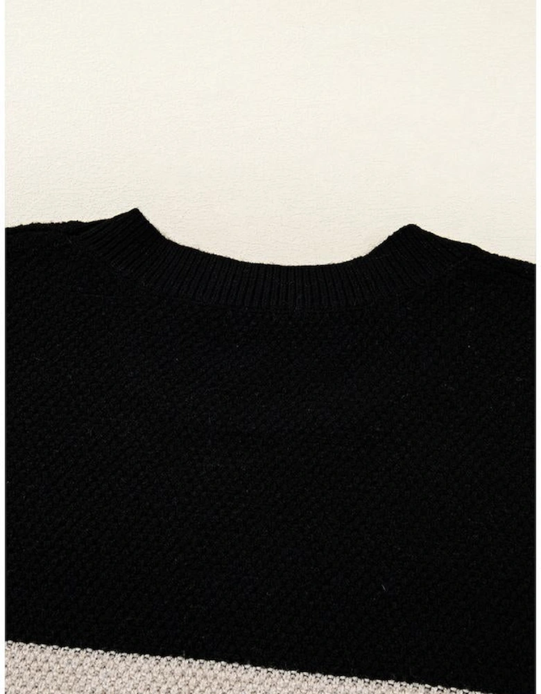 Parchment Color Block Knit Striped Sleeve Detail Casual Sweater