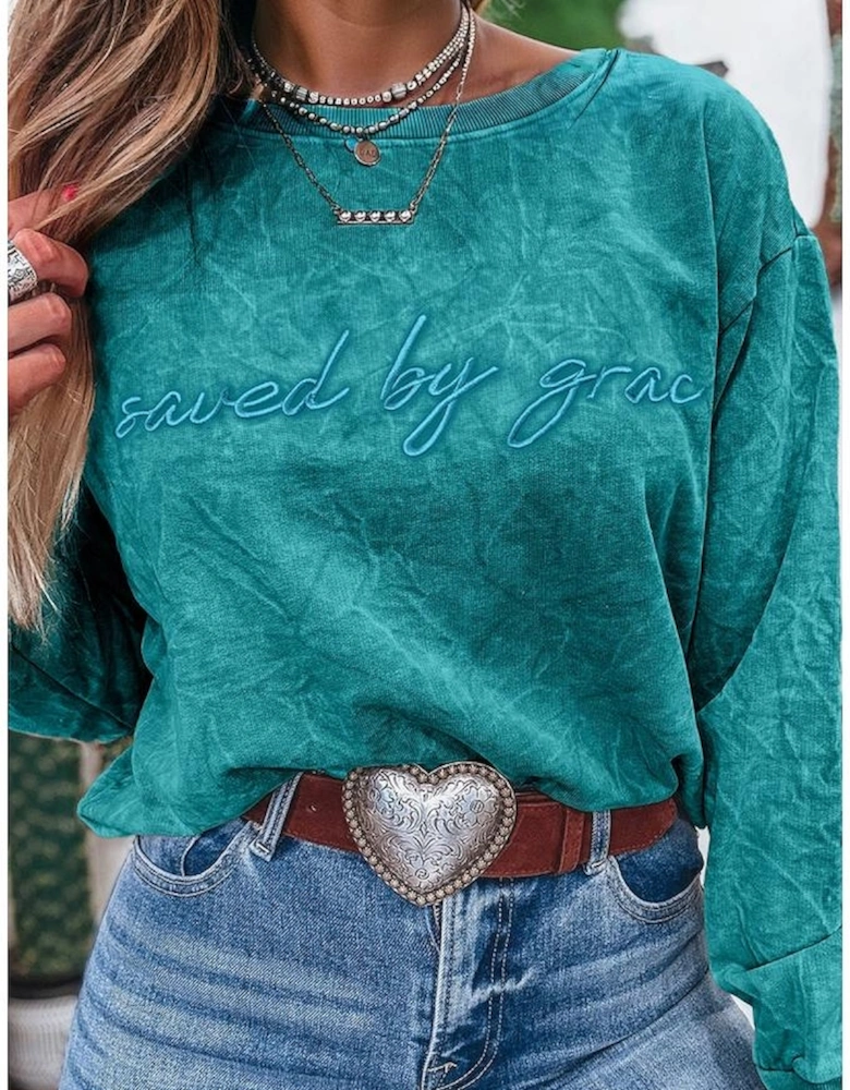 Sea Green saved by grace Letter Embroidery Mineral Wash Loose Sweatshirt