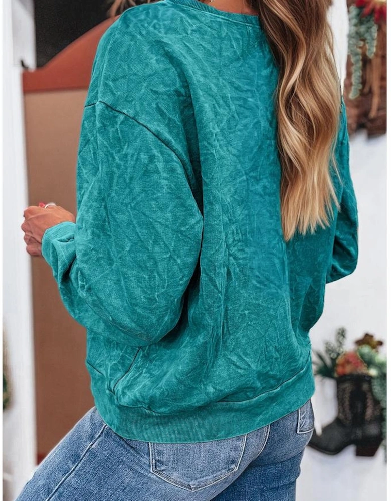 Sea Green saved by grace Letter Embroidery Mineral Wash Loose Sweatshirt