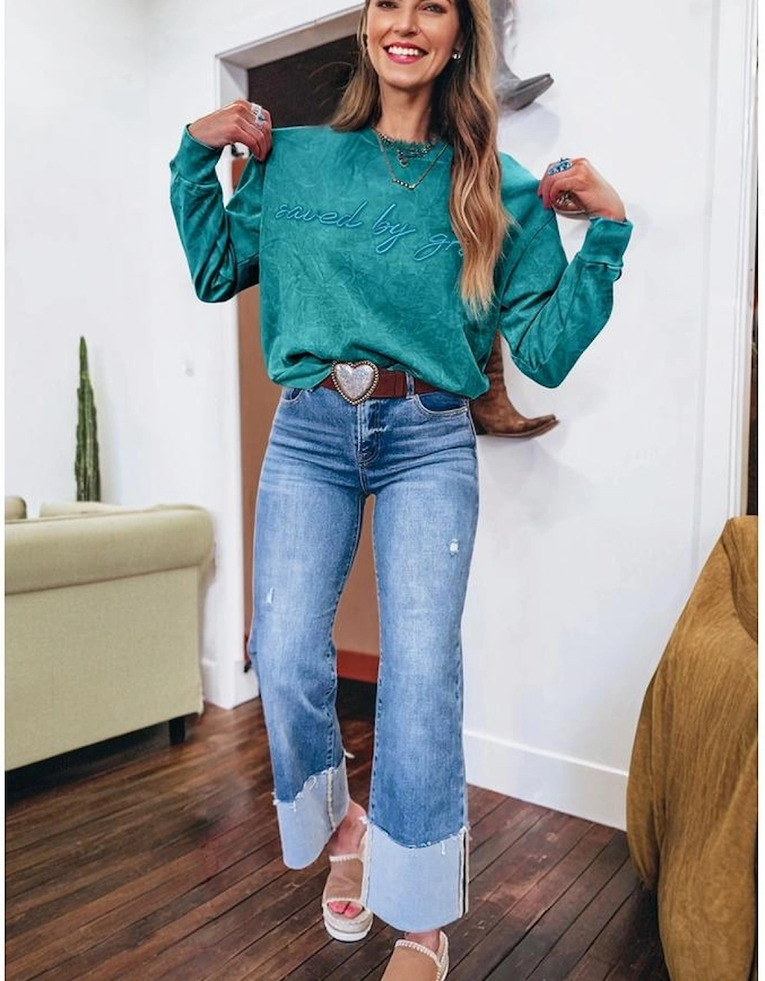 Sea Green saved by grace Letter Embroidery Mineral Wash Loose Sweatshirt