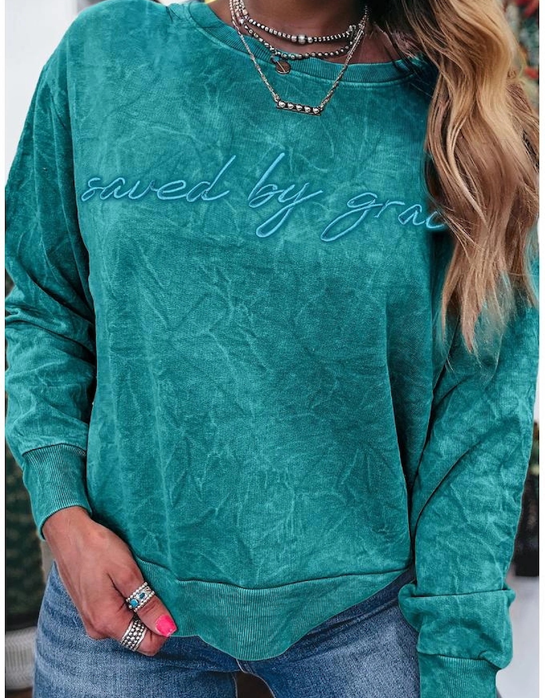 Sea Green saved by grace Letter Embroidery Mineral Wash Loose Sweatshirt