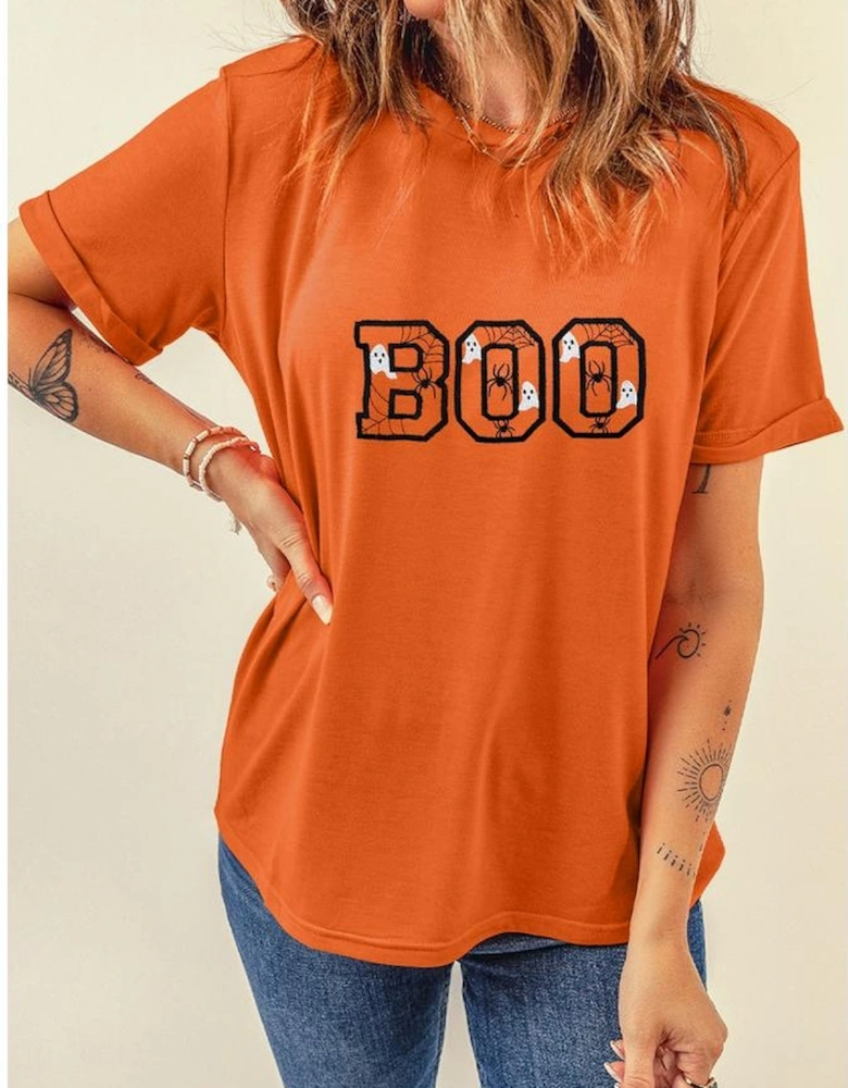 Orange BOO Halloween Ghost Spider Embroidered Graphic Tee