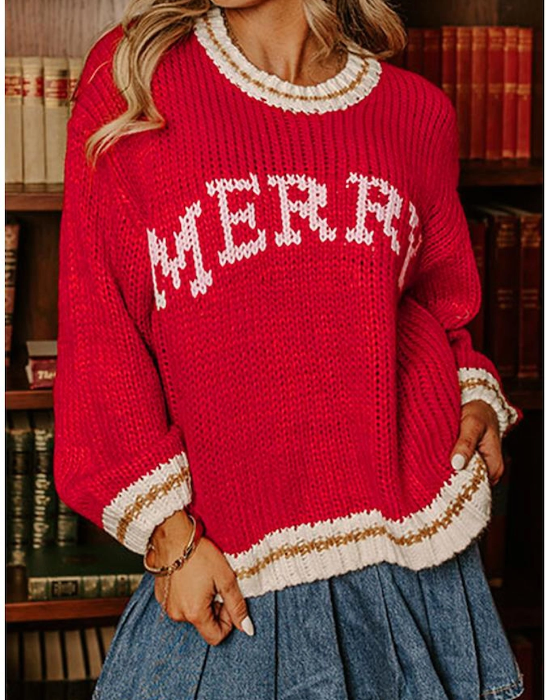 Fiery Red MERRY Color Block Edge Drop Shoulder Cozy Sweater