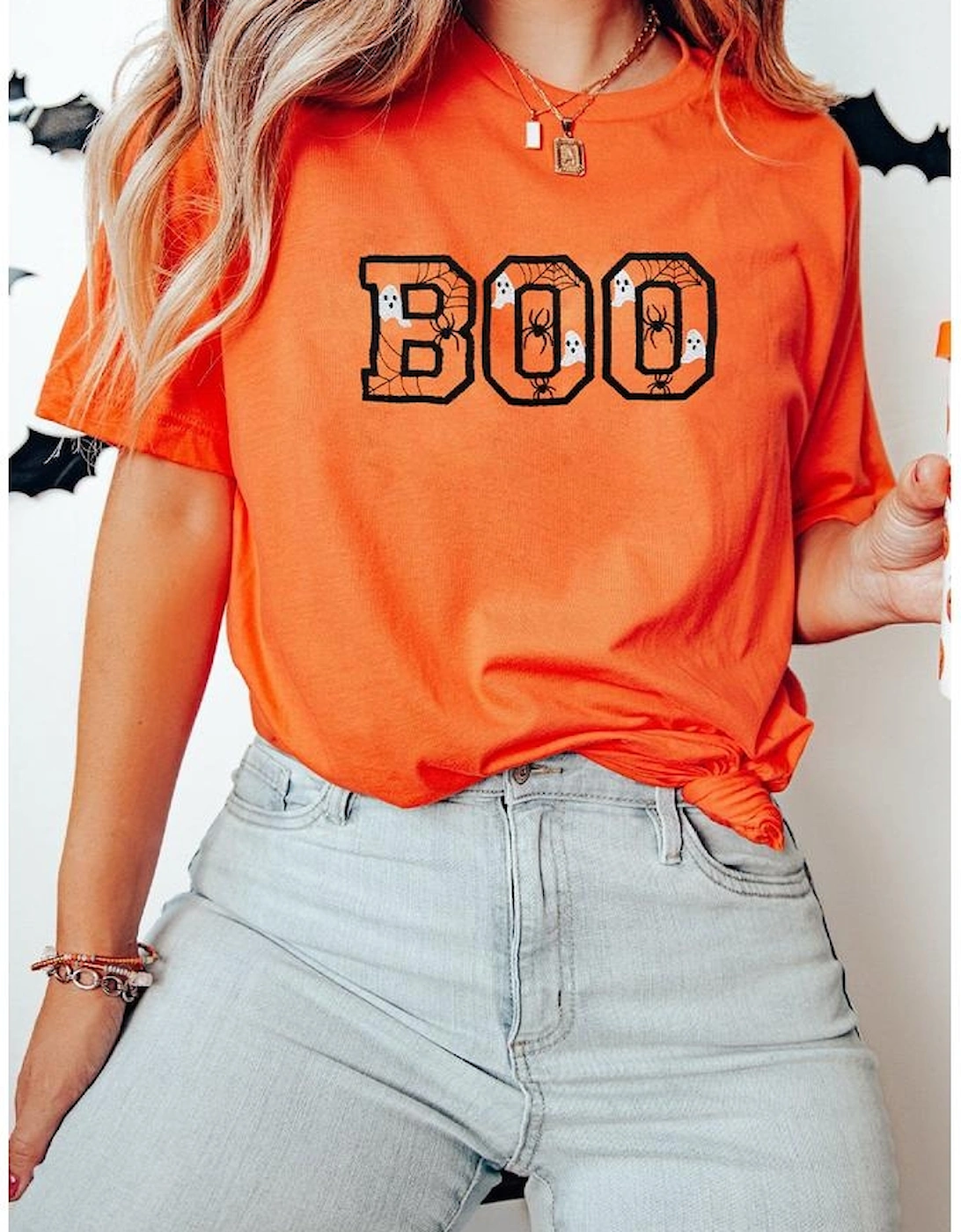 Orange BOO Halloween Ghost Spider Embroidered Graphic Tee, 6 of 5