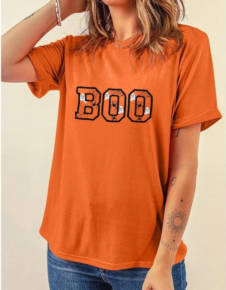 Orange BOO Halloween Ghost Spider Embroidered Graphic Tee