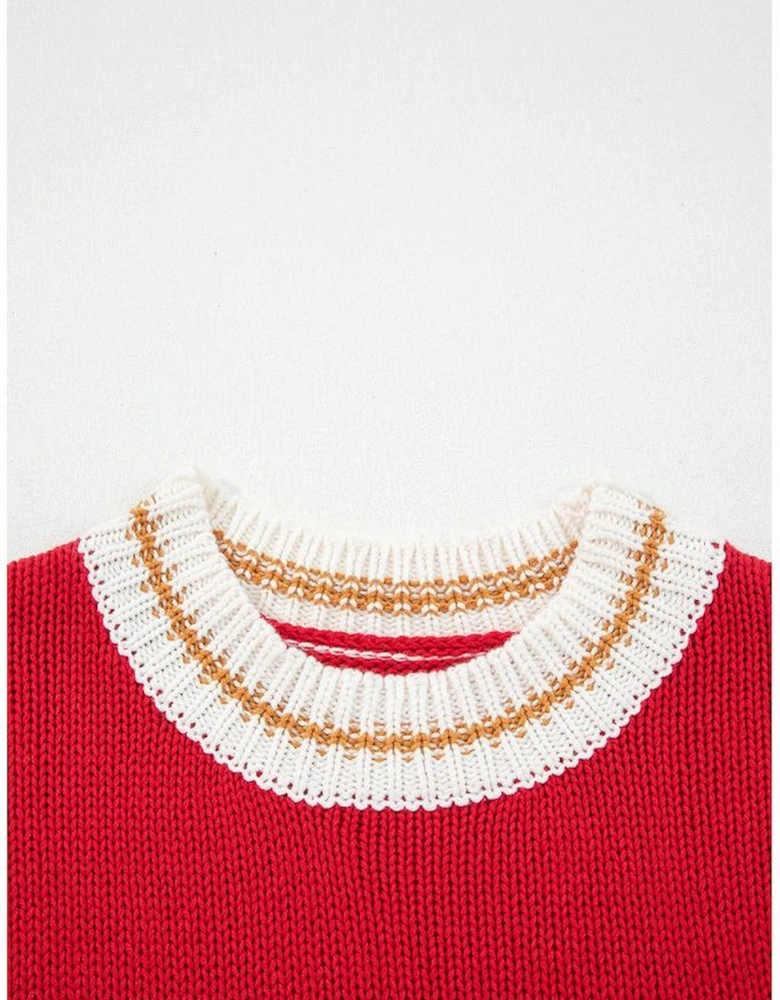 Fiery Red MERRY Color Block Edge Drop Shoulder Cozy Sweater