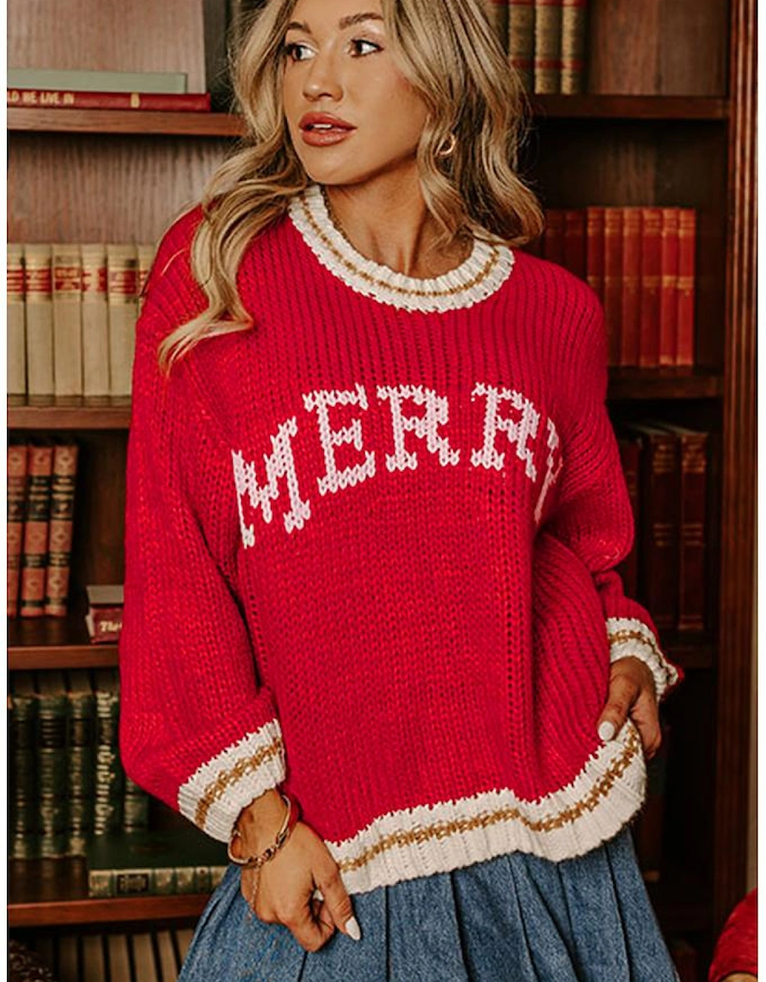 Fiery Red MERRY Color Block Edge Drop Shoulder Cozy Sweater