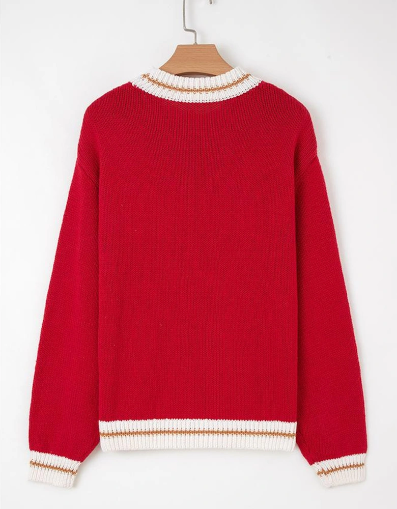 Fiery Red MERRY Color Block Edge Drop Shoulder Cozy Sweater