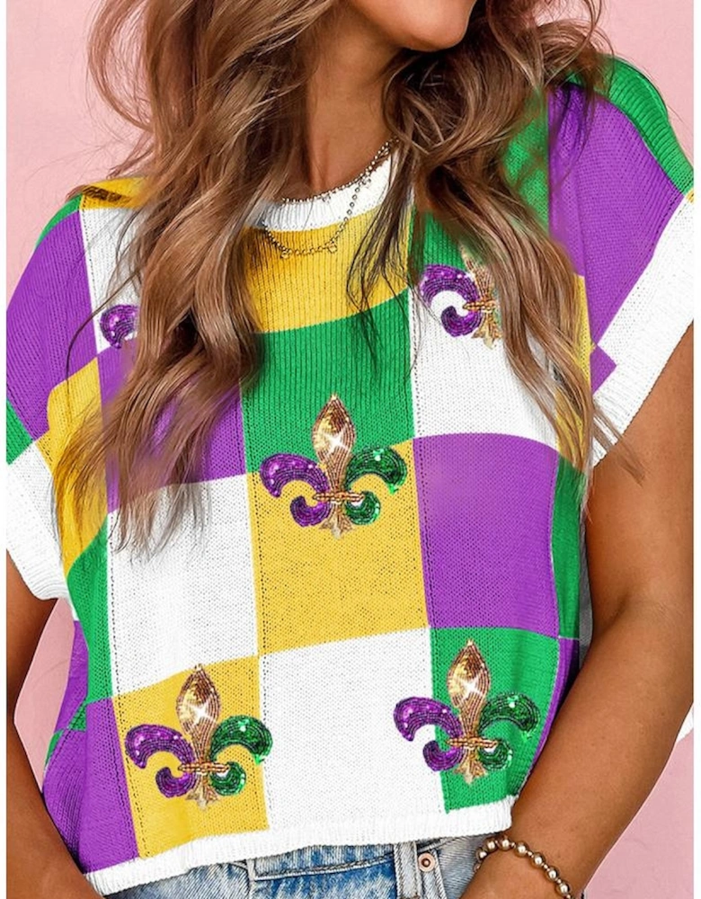 Tillandsia Purple Sequin Mardi Gras Fleur de Lis Color Block Sweater T Shirt
