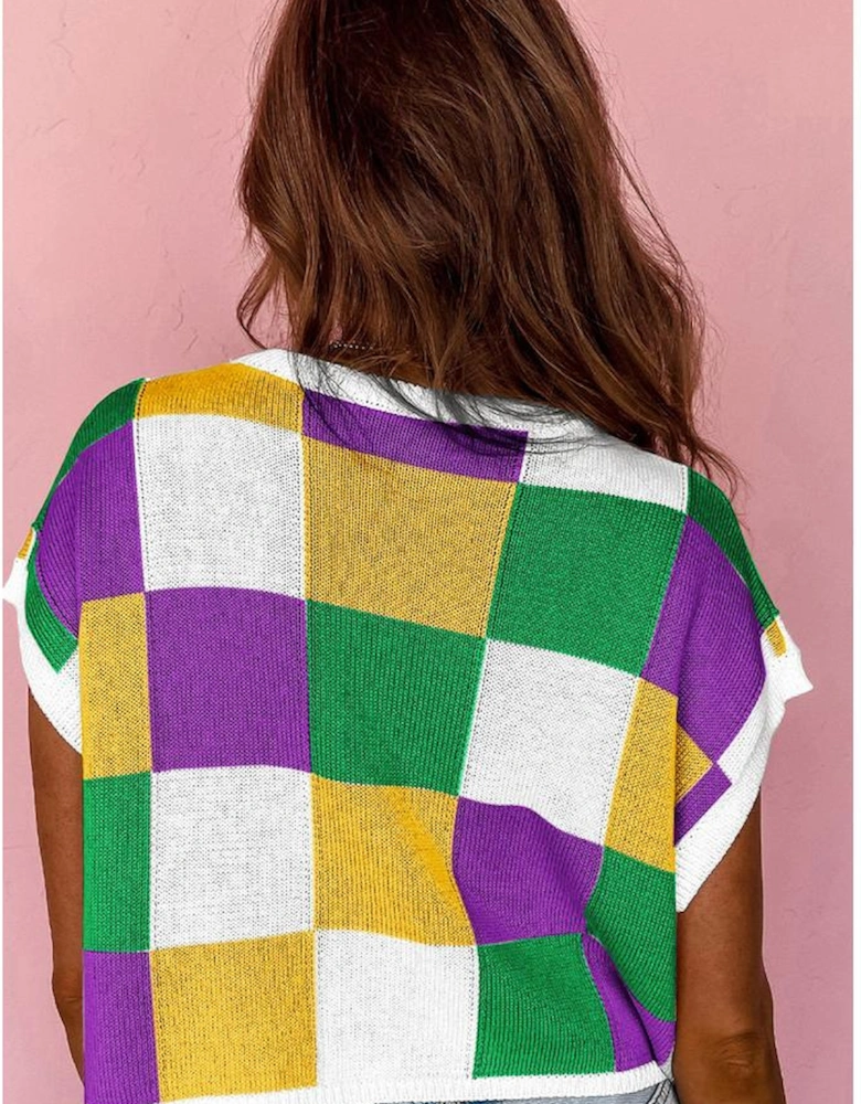 Tillandsia Purple Sequin Mardi Gras Fleur de Lis Color Block Sweater T Shirt