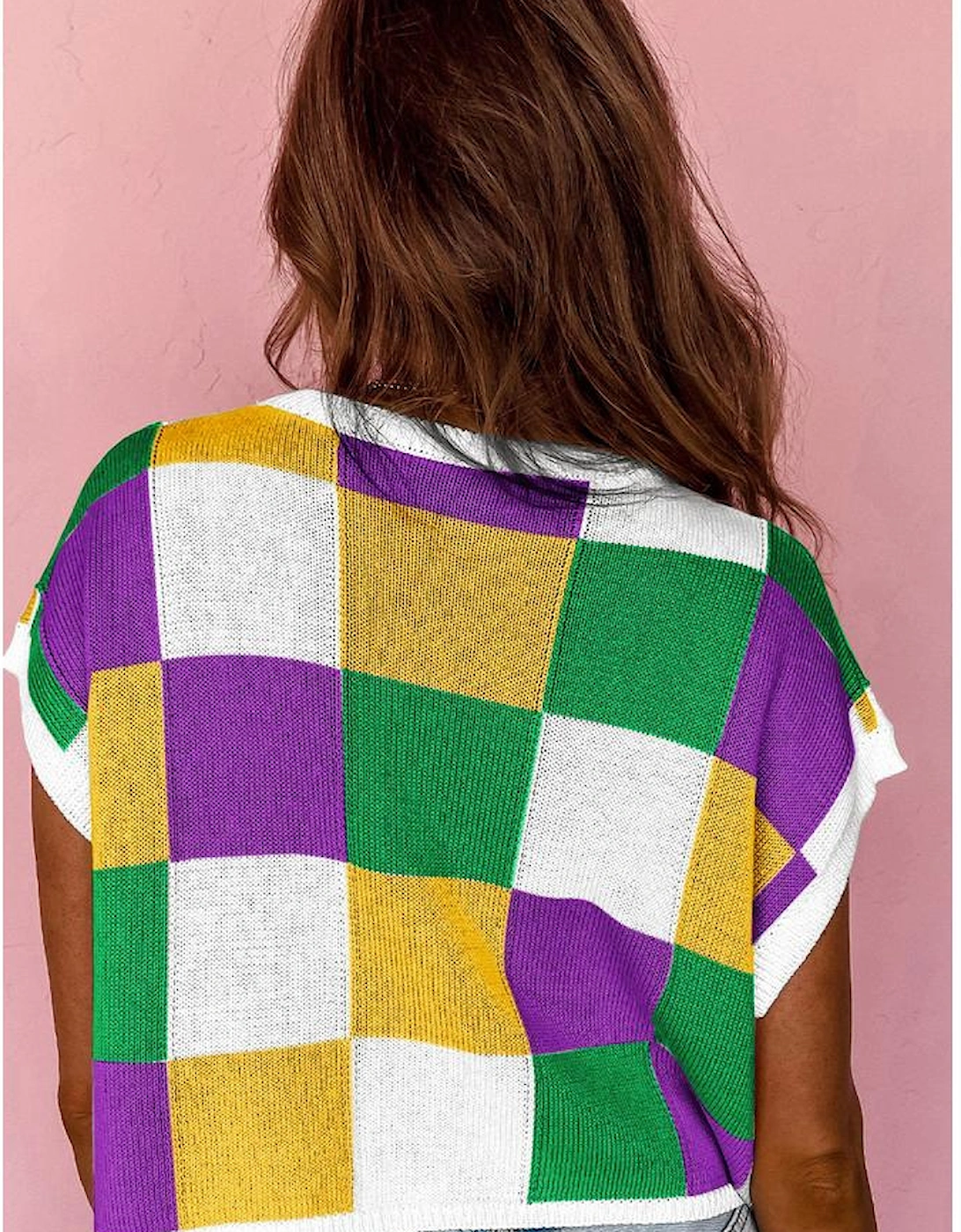 Tillandsia Purple Sequin Mardi Gras Fleur de Lis Color Block Sweater T Shirt, 4 of 3