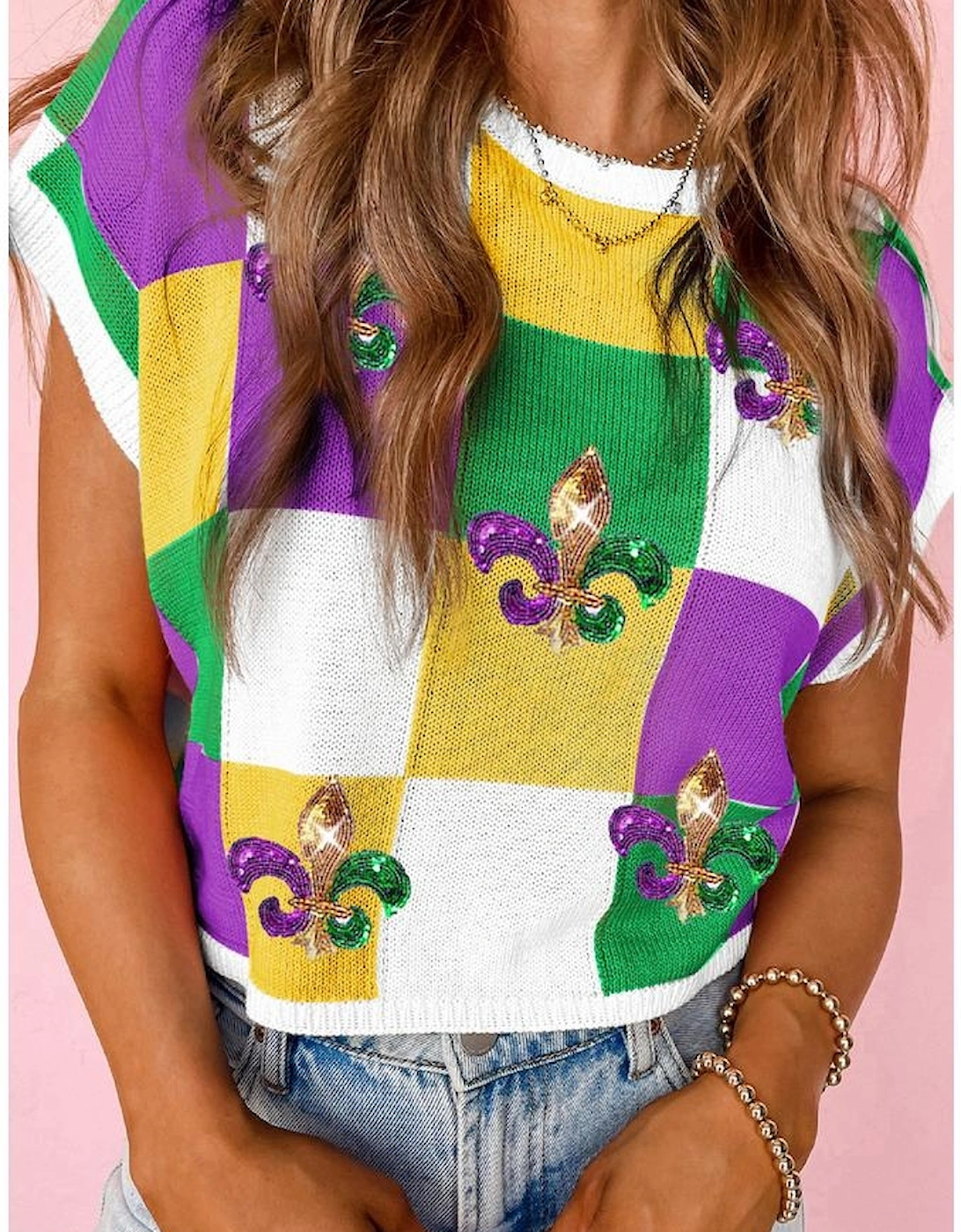Tillandsia Purple Sequin Mardi Gras Fleur de Lis Color Block Sweater T Shirt