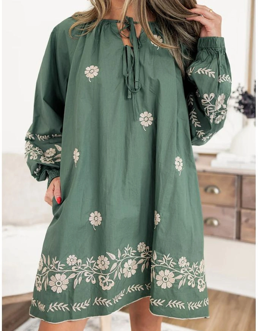 Mist Green Tie Neck Boho Floral Pattern Puff Sleeve Shift Dress, 13 of 12