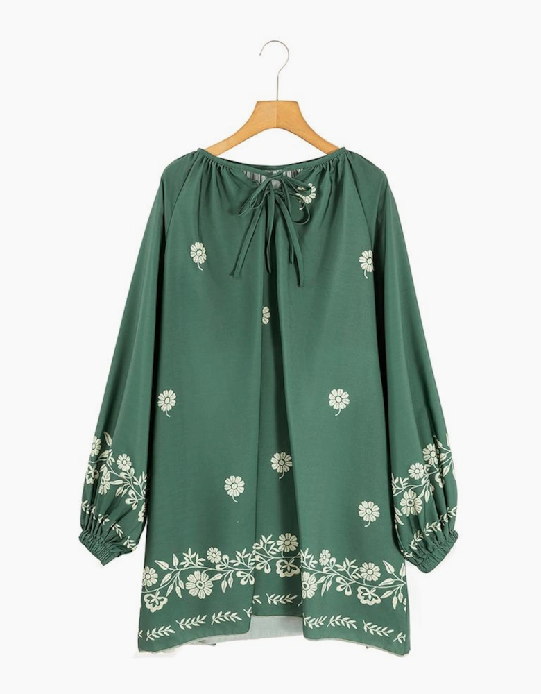 Mist Green Tie Neck Boho Floral Pattern Puff Sleeve Shift Dress