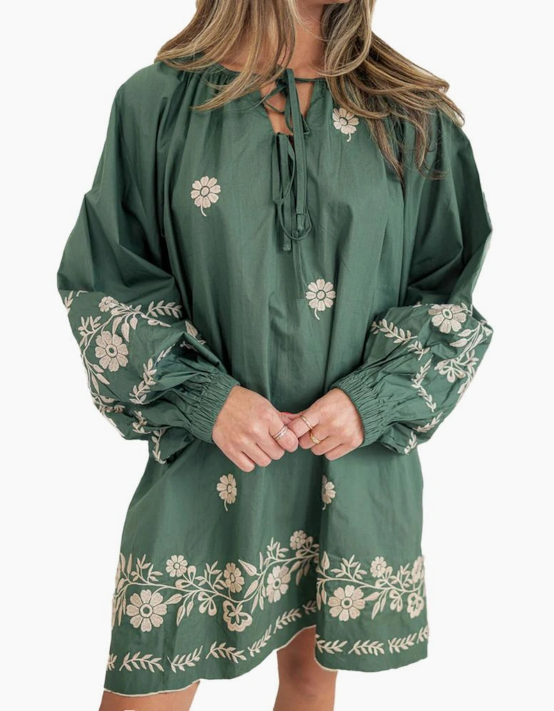 Mist Green Tie Neck Boho Floral Pattern Puff Sleeve Shift Dress