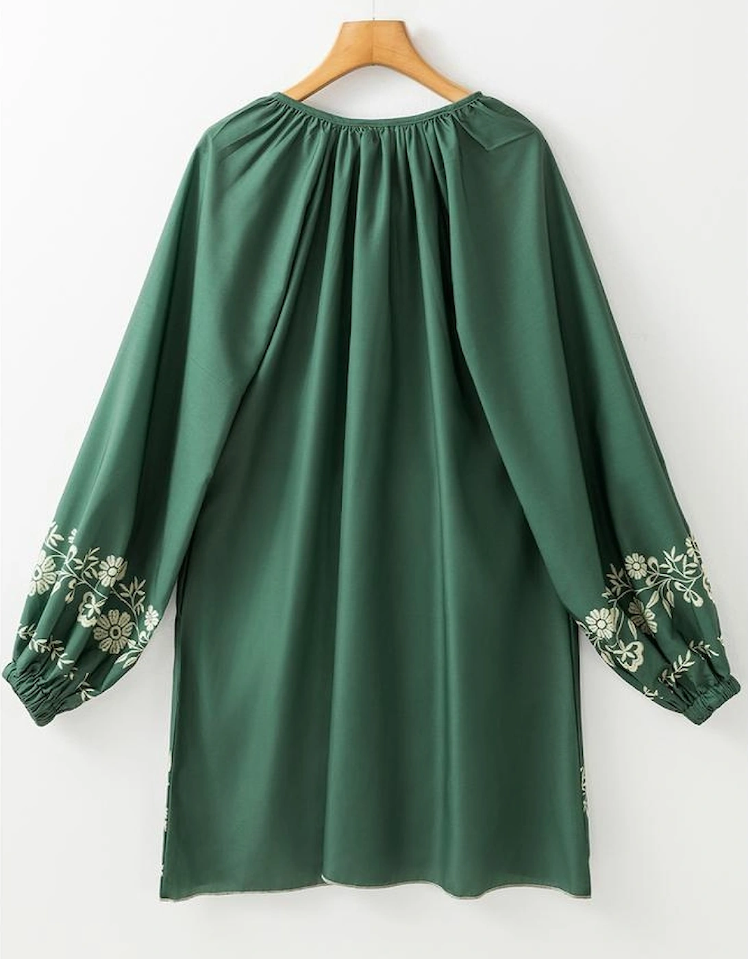 Mist Green Tie Neck Boho Floral Pattern Puff Sleeve Shift Dress