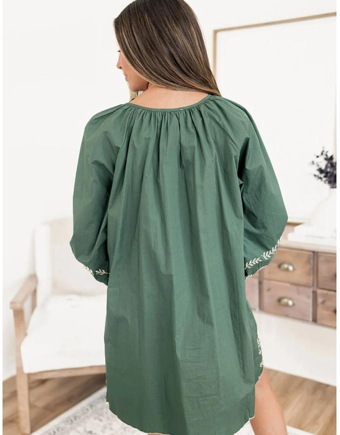 Mist Green Tie Neck Boho Floral Pattern Puff Sleeve Shift Dress