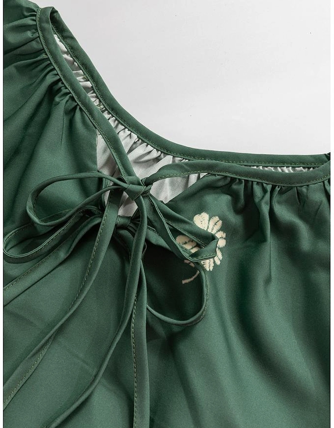 Mist Green Tie Neck Boho Floral Pattern Puff Sleeve Shift Dress