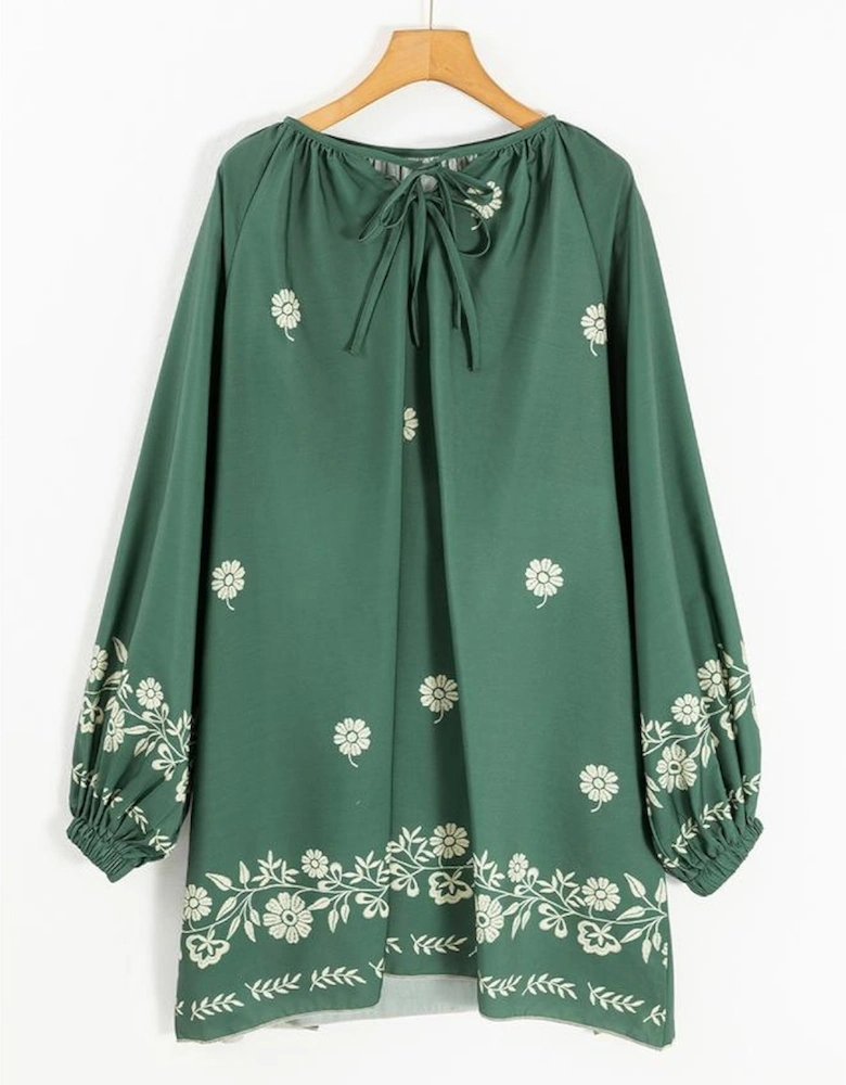 Mist Green Tie Neck Boho Floral Pattern Puff Sleeve Shift Dress