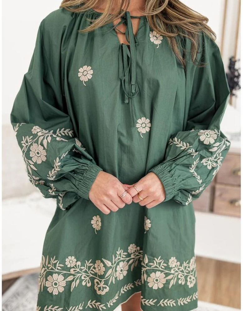 Mist Green Tie Neck Boho Floral Pattern Puff Sleeve Shift Dress