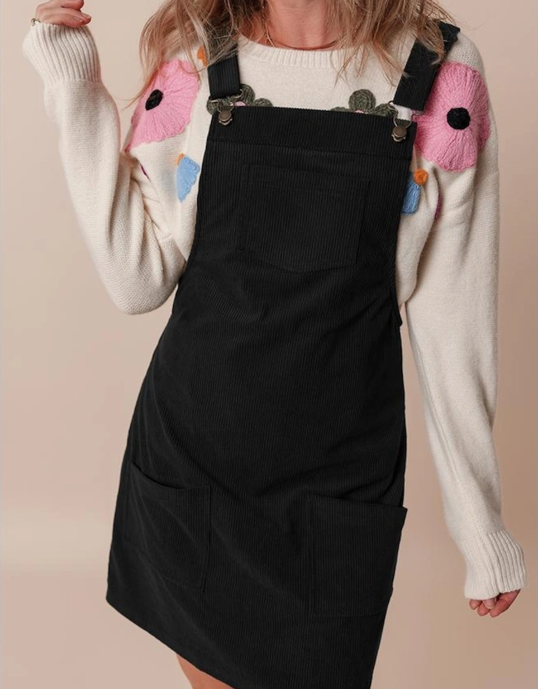 Black Solid Front Pockets Sleeveless Corduroy Overall Dress