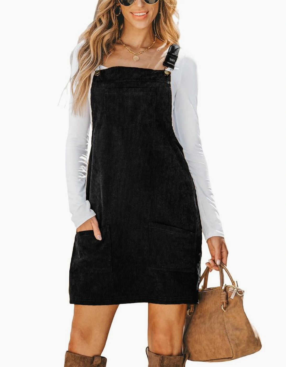 Black Solid Front Pockets Sleeveless Corduroy Overall Dress