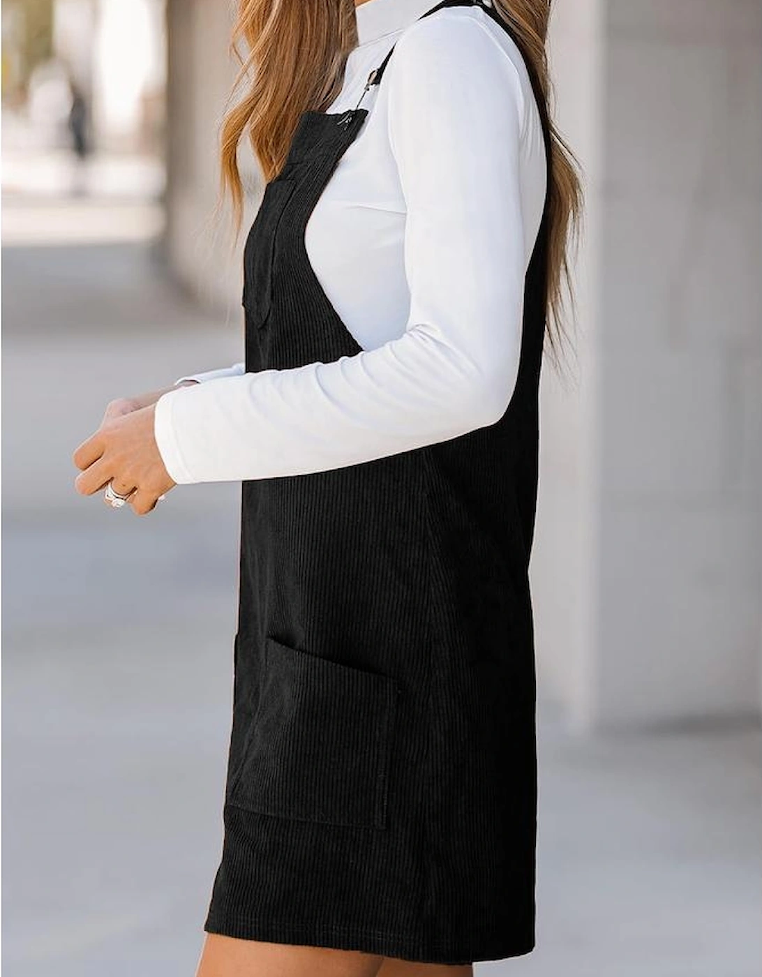 Black Solid Front Pockets Sleeveless Corduroy Overall Dress, 9 of 8