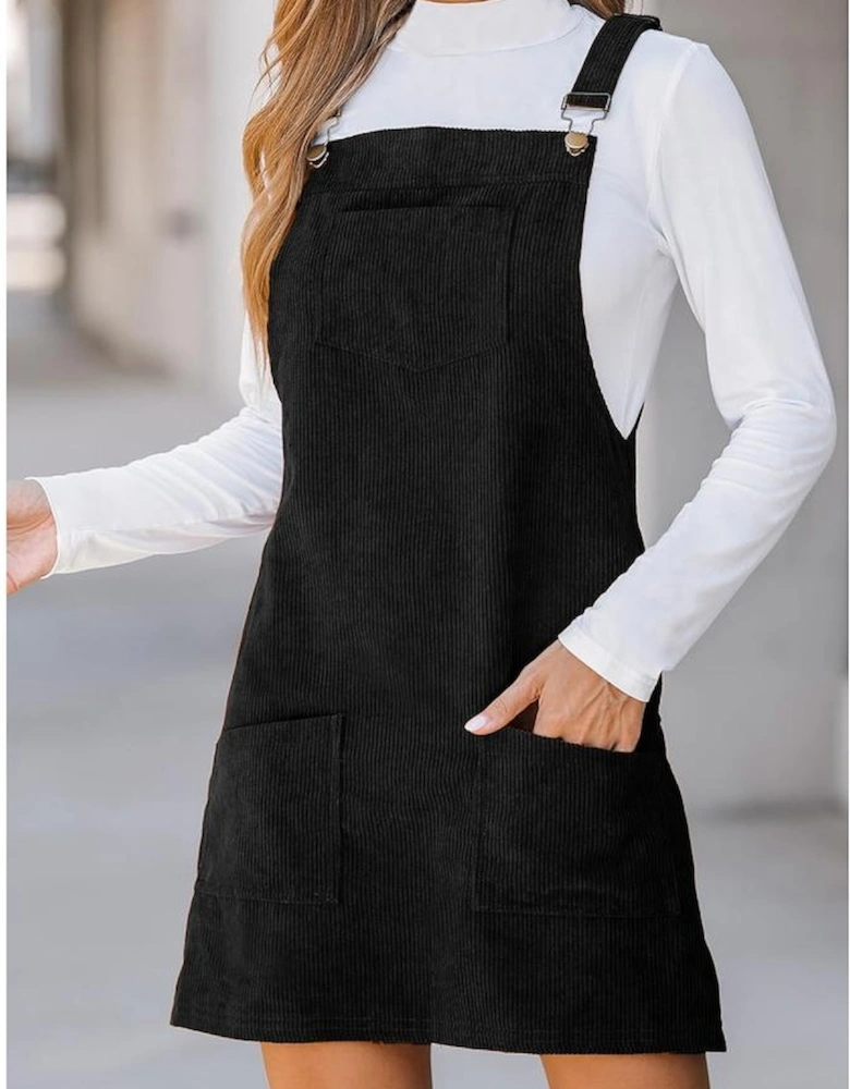Black Solid Front Pockets Sleeveless Corduroy Overall Dress